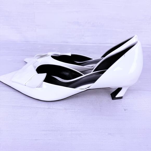 Zara Pointed Toe Patent Leather Pumps Kitten Heels Size 8 White Bow Detail - Picture 8 of 15